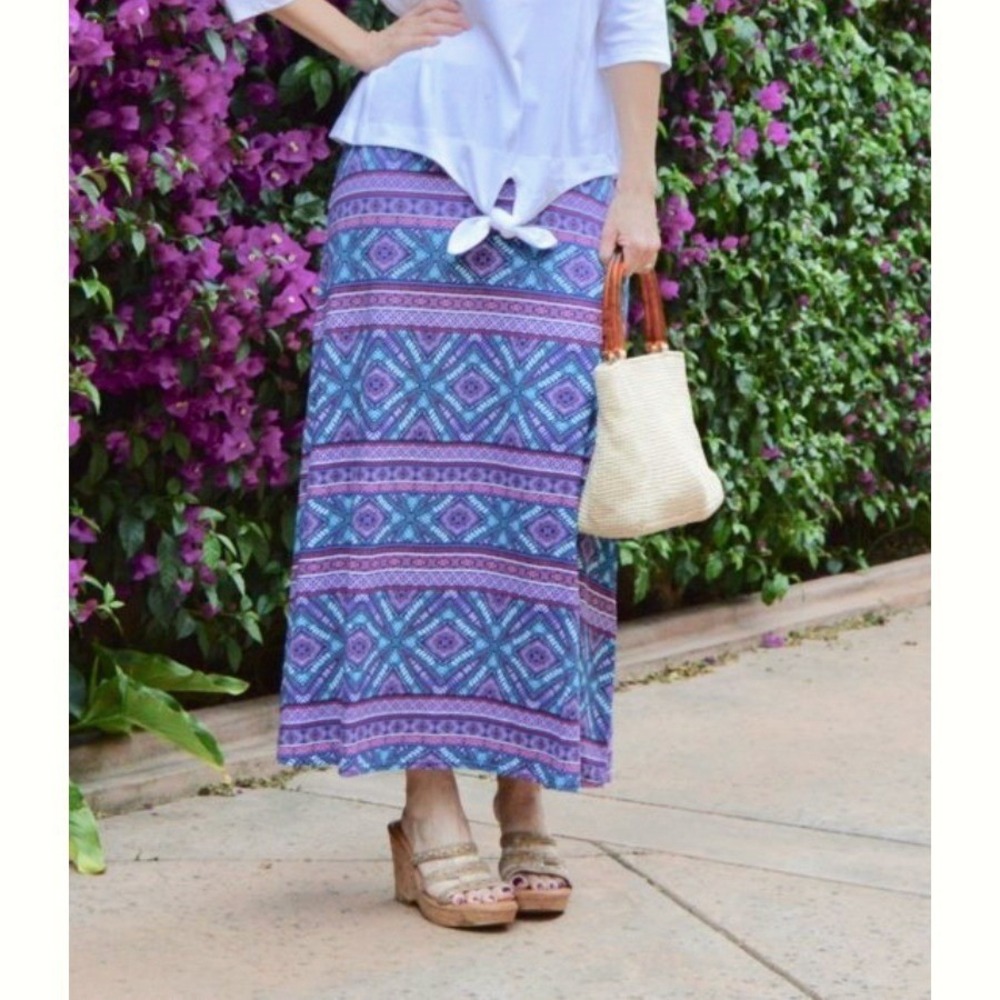J. Jill Womens Purple Blue‎ Geometric Ikat Print Maxi Skirt Small Summer Elastic